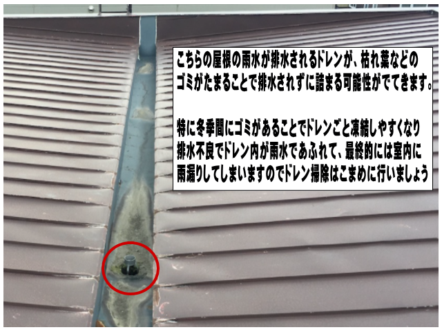 無落雪屋根の排水詰まりによるオーバーフロー
