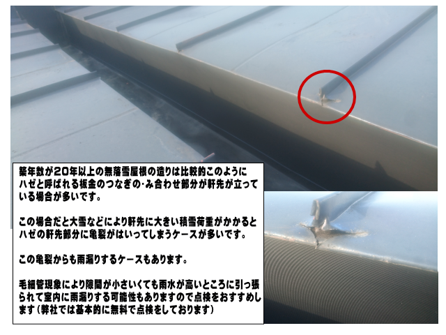 無落雪屋根の軒先の穴あき